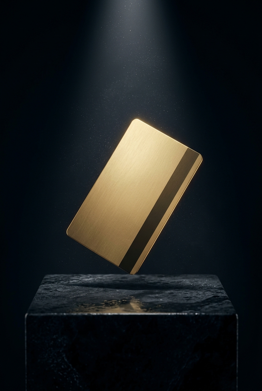 Brushed gold payment card floating above a black stone pedestal under a spotlight
